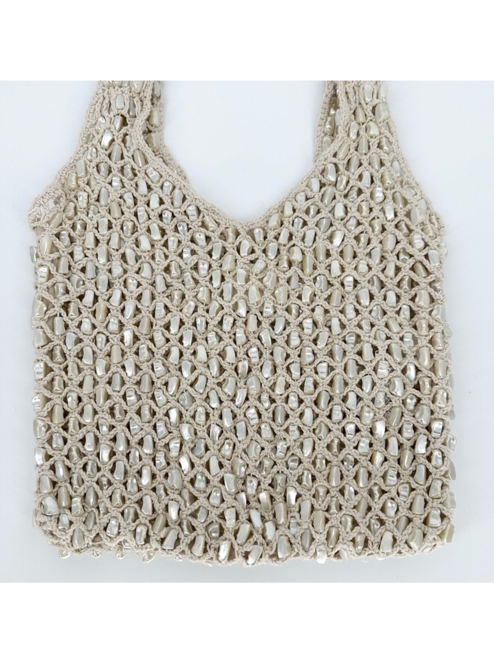 ZARA Pearl Beaded MacrameKnit woven crochet Tote Bag Hobo -Ivory cream - Picture 5 of 10